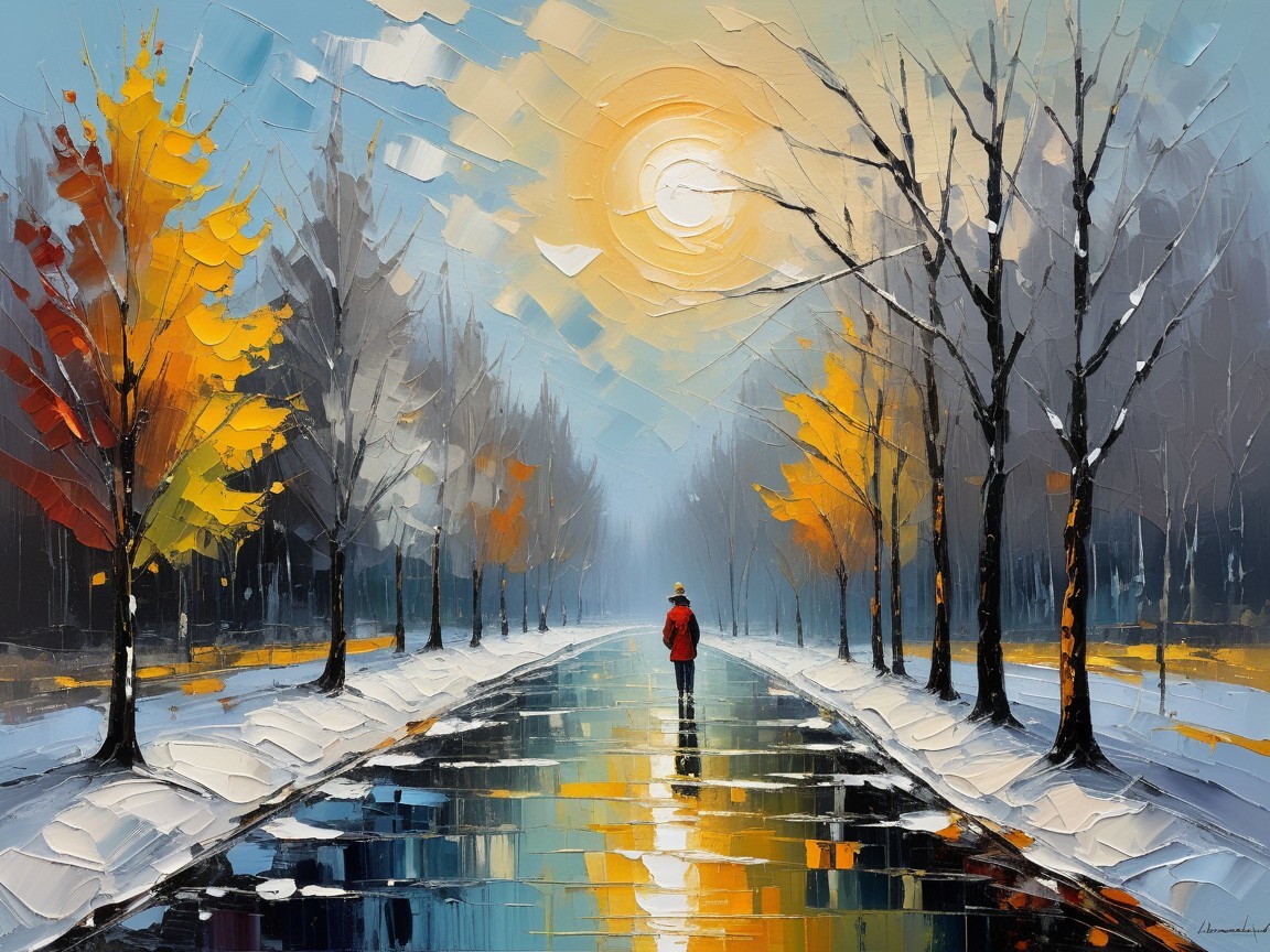 Serene winter scene with snow-covered pathway and trees