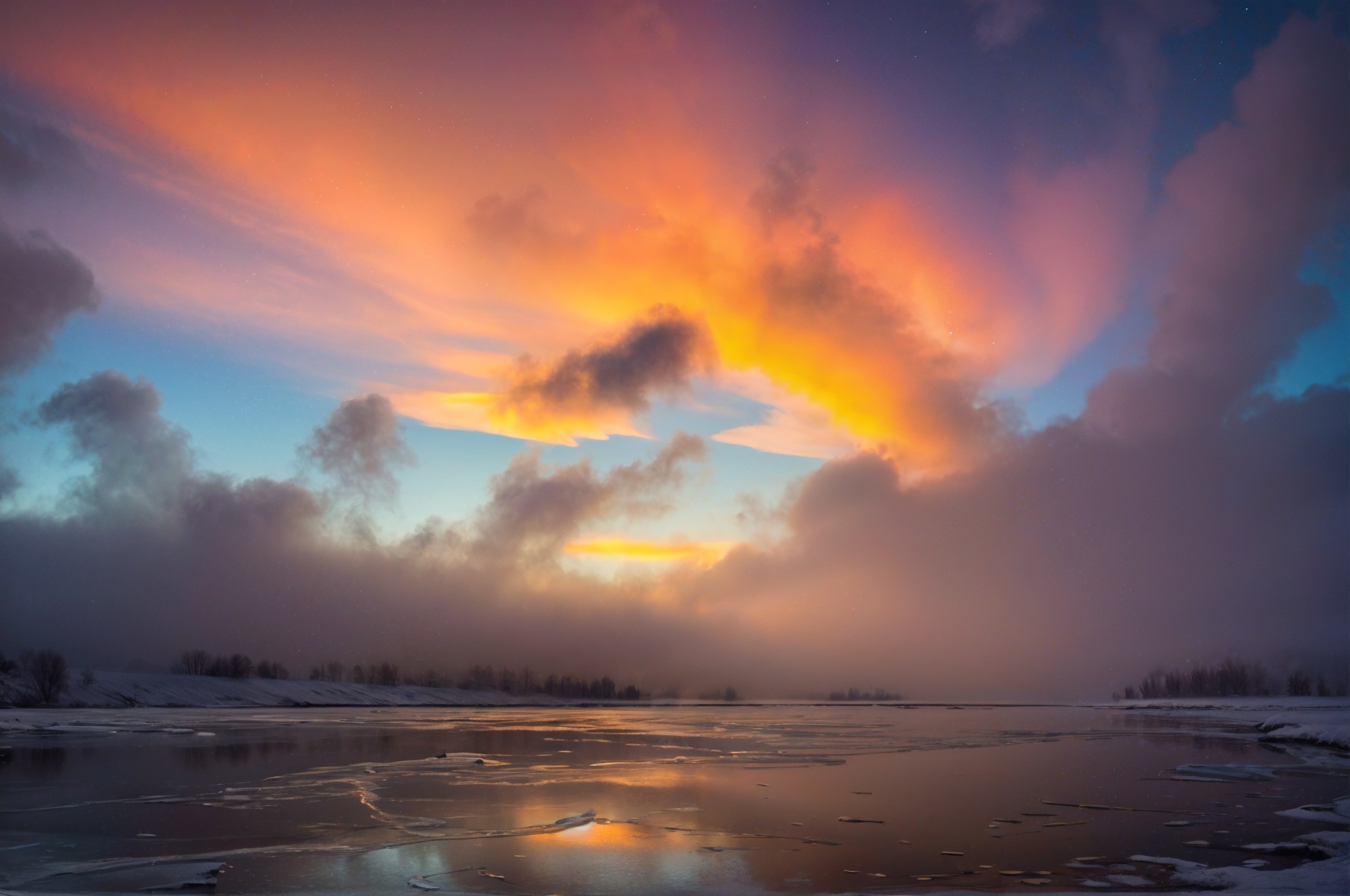 Serene Winter Landscape with Tranquil River and Sunset