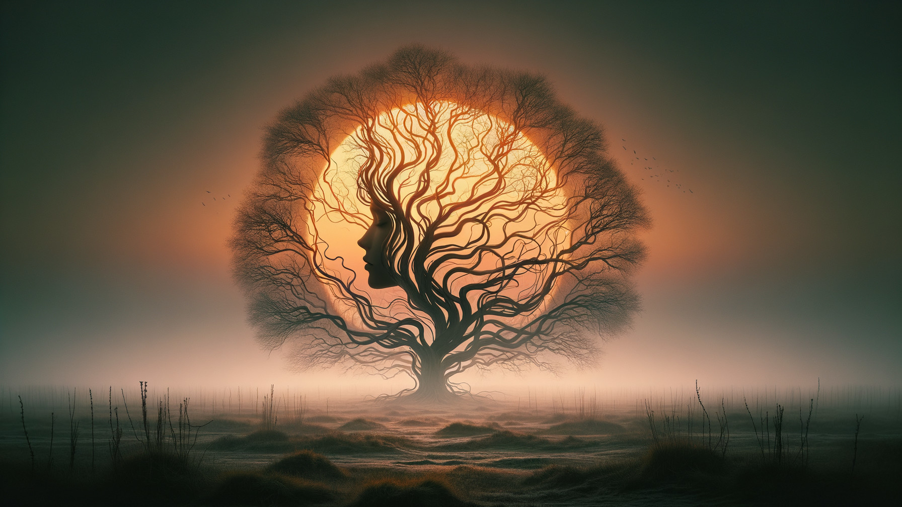Mystical tree silhouette at sunset with ethereal mist