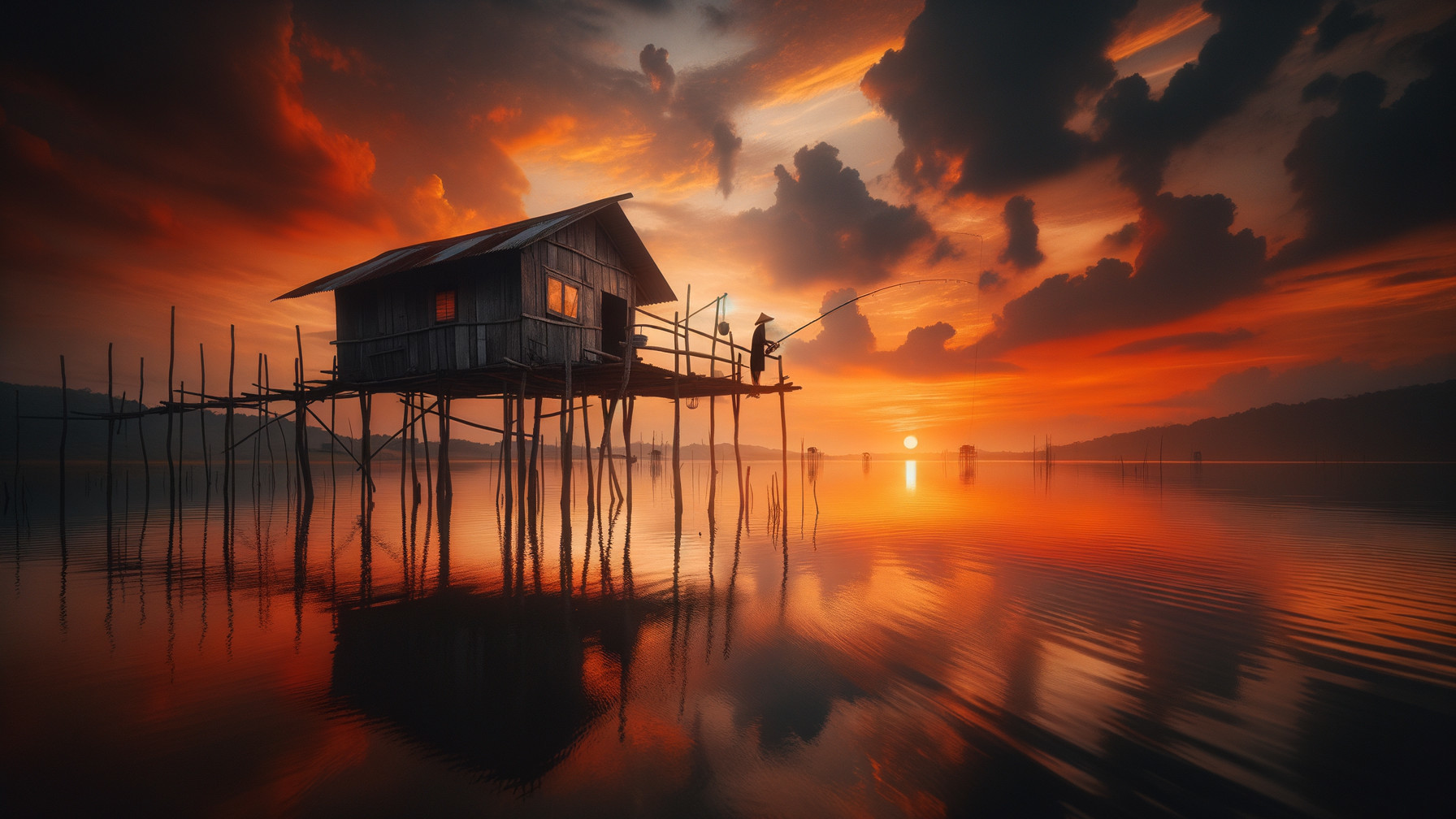 Stilted House at Sunset Over Calm Waters