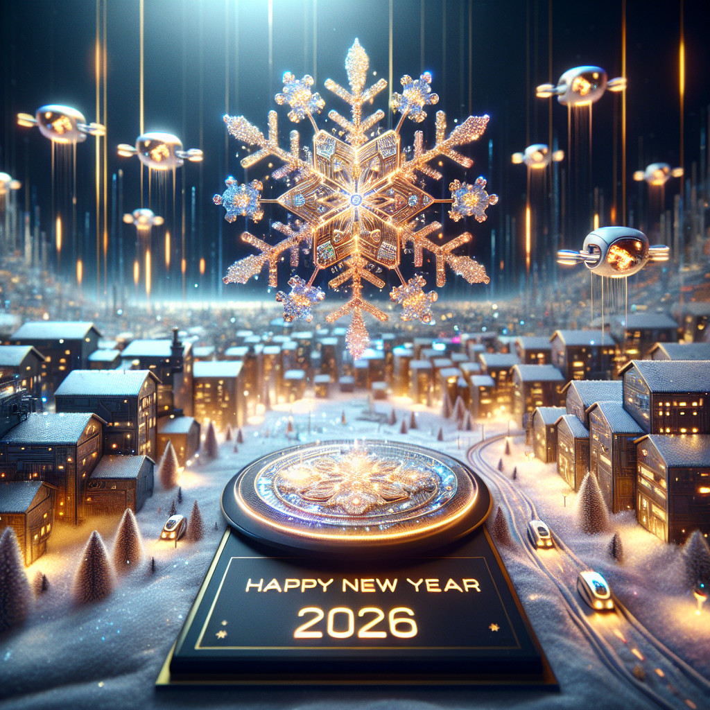Futuristic Winter City with Glowing Snowflake and Drones