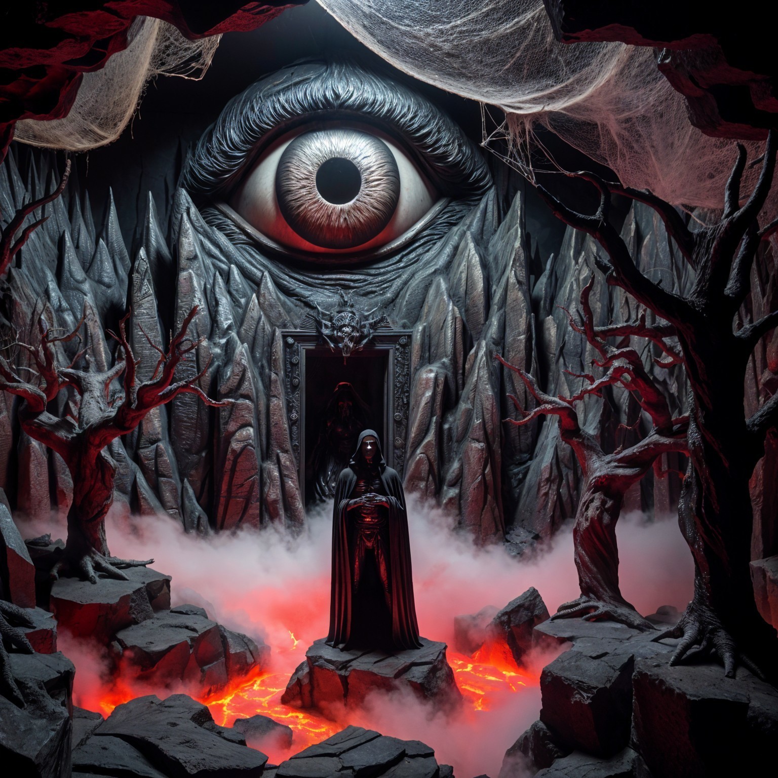 Ominous Eye in Dark Cavern with Lava and Fog
