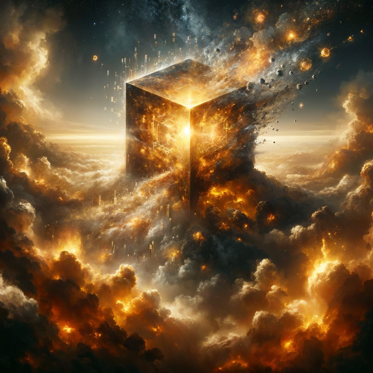 Radiant Cube Surrounded by Cosmic Clouds and Light