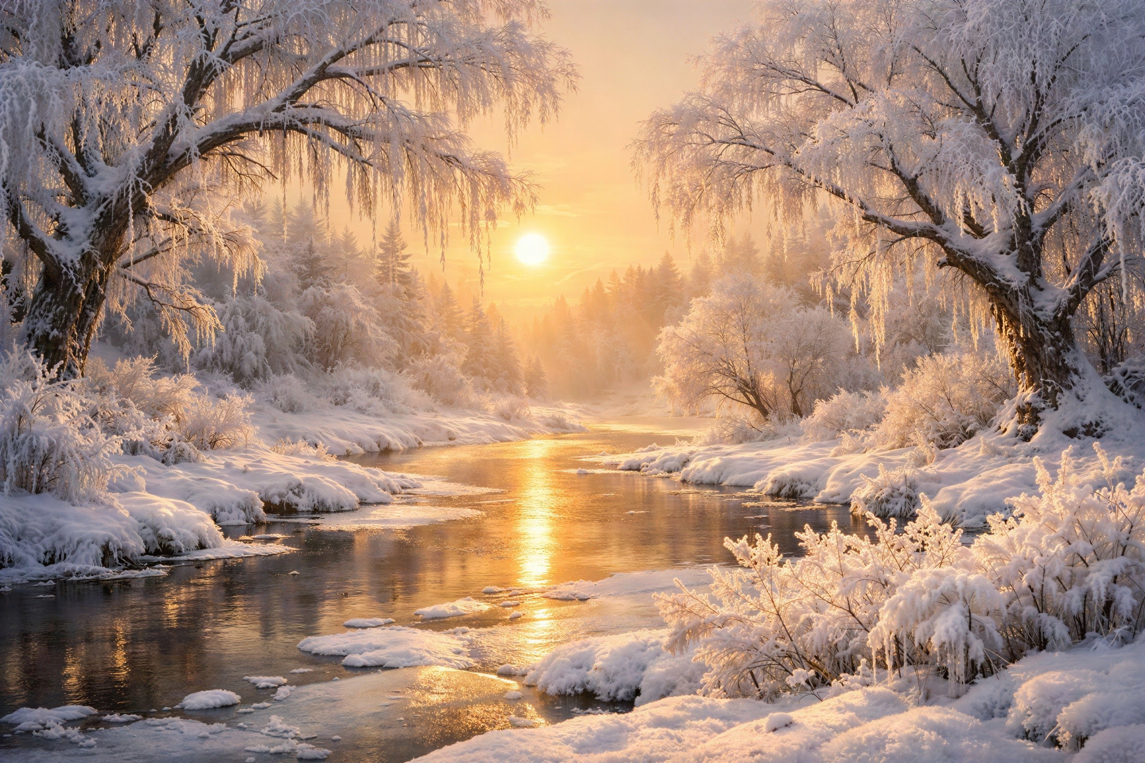 Winter Sunrise Landscape with Frozen River and Snow