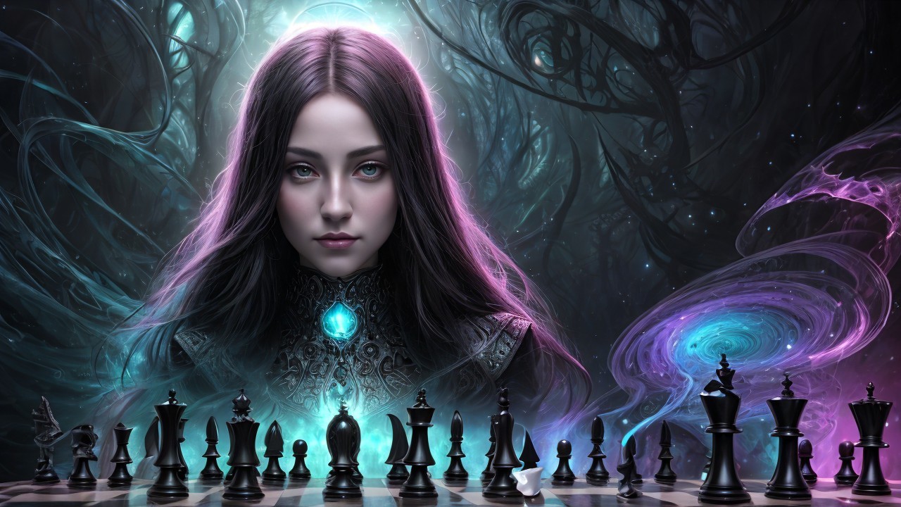 Ethereal Woman in Cosmic Chessboard Scene