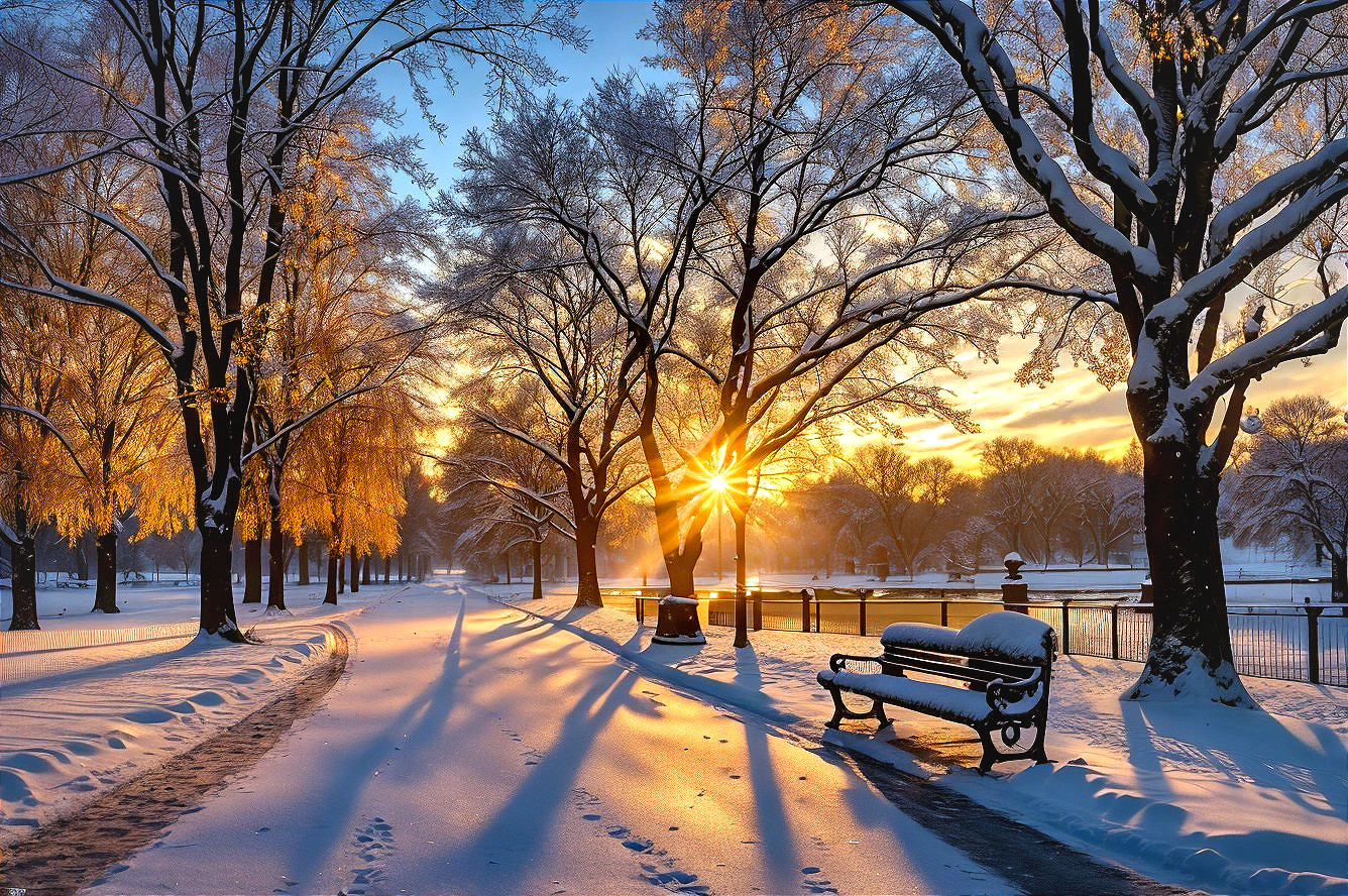 Winter Sunrise Over Snowy Park Path and Bench