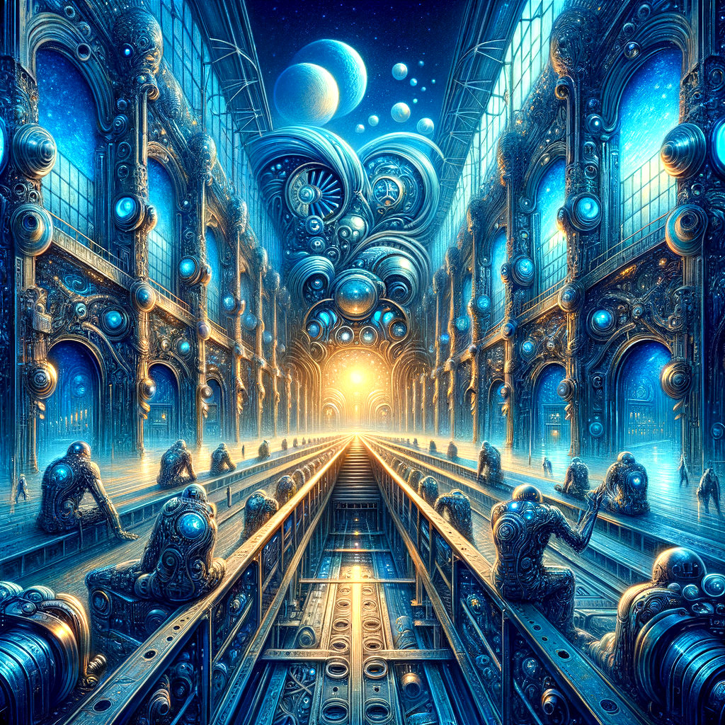 Futuristic hall with machinery and humanoid figures