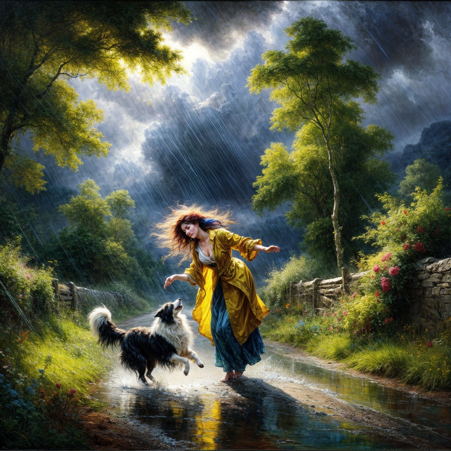 Joyful Woman in Yellow Coat Running with Collie in Rain