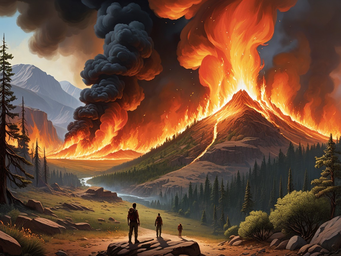 Volcanic Eruption with Hikers in Dramatic Landscape