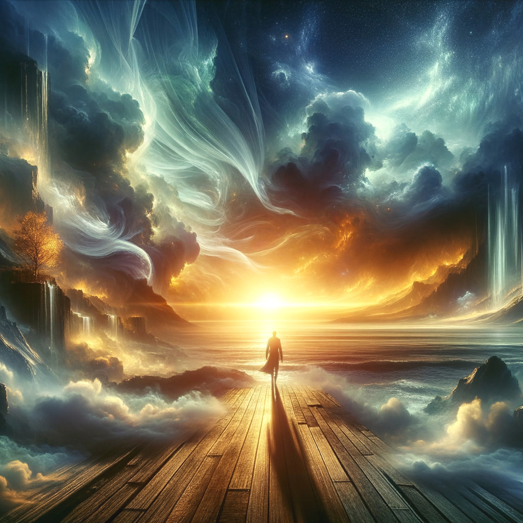 Serene figure on pathway to luminous sunset seascape