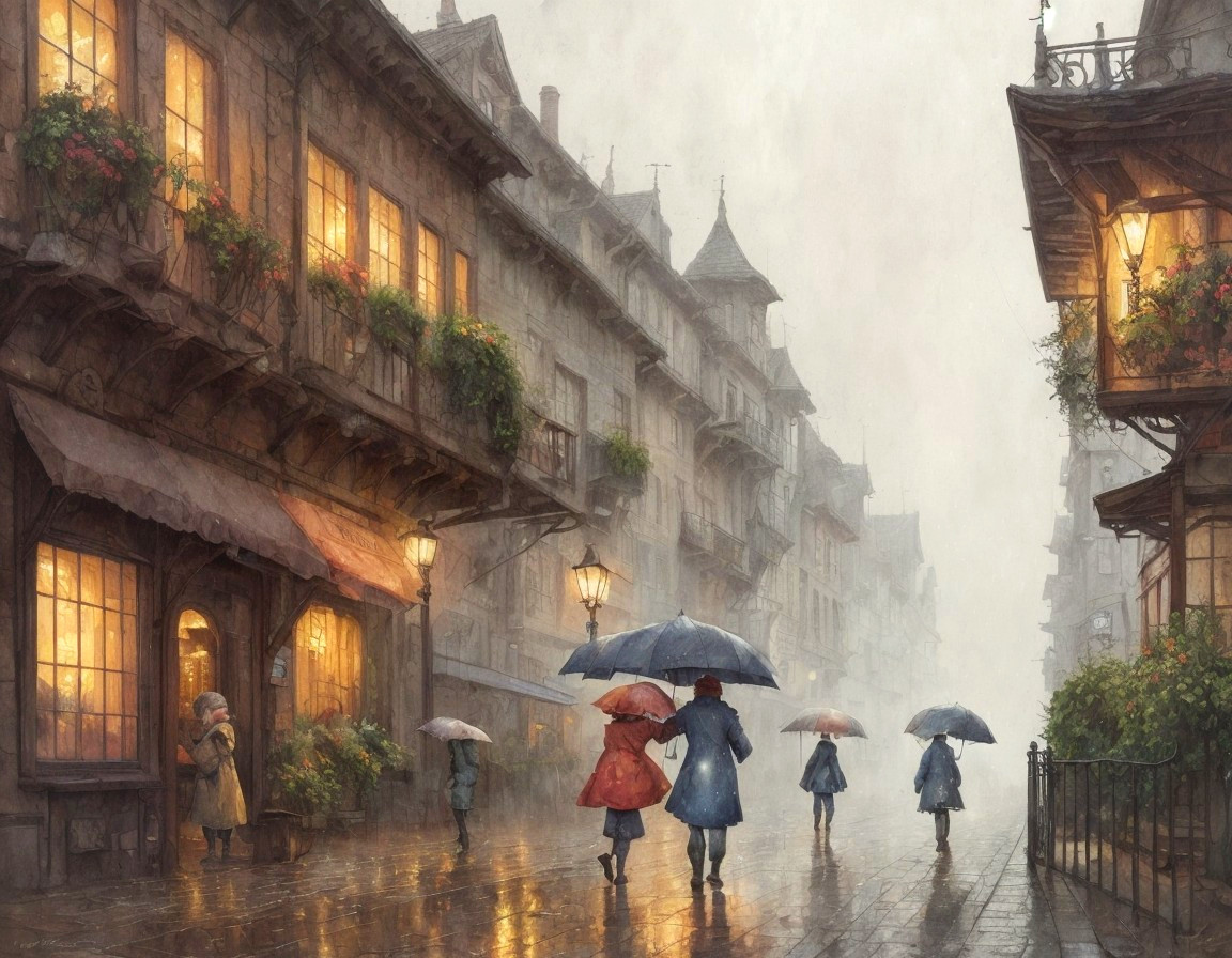 Charming Rainy Street Scene in a Quaint Town