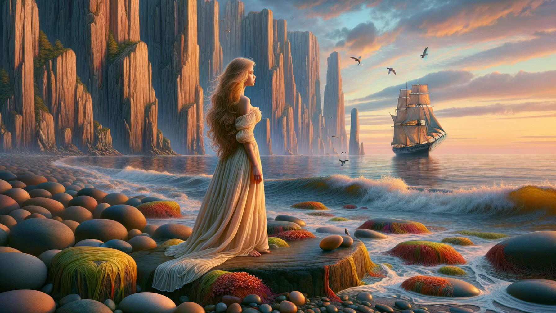 Serene Coastal Sunset with Woman and Majestic Ship