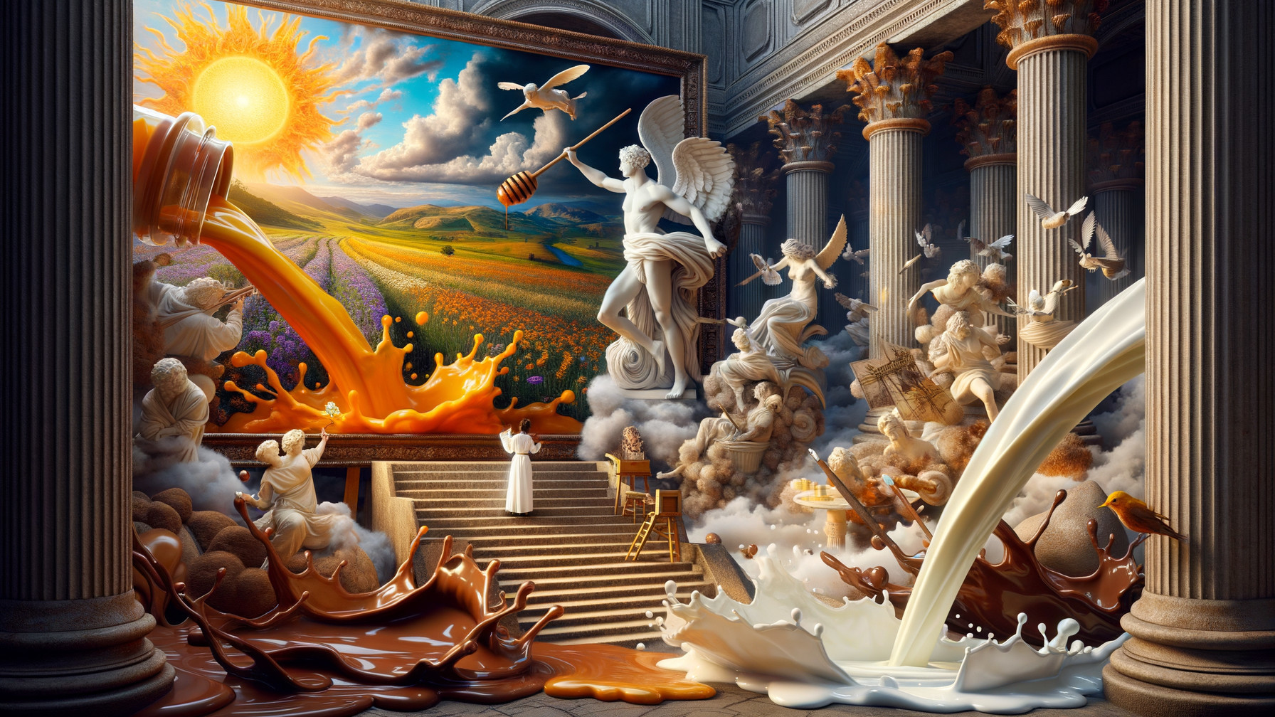 Surreal Scene of Classical Architecture and Liquids