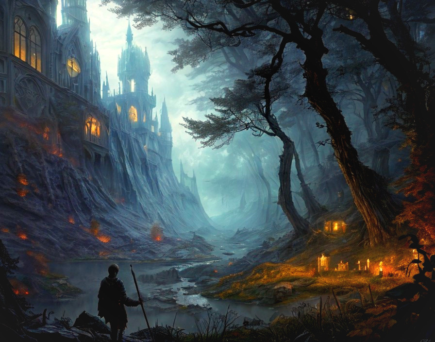Mystical Landscape with Mountains and Enchanting Castle