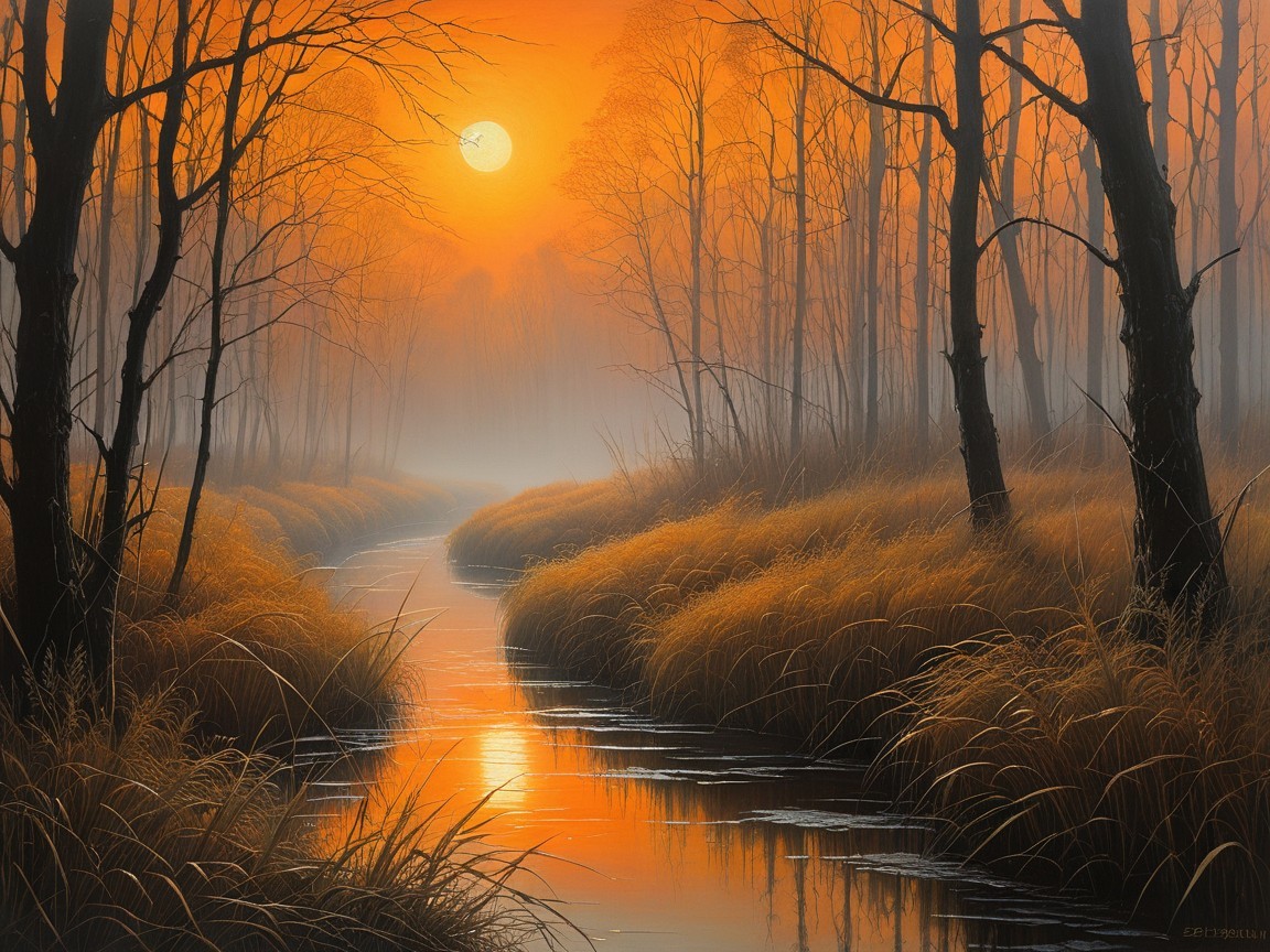 Serene Dusk Landscape with Stream and Mist