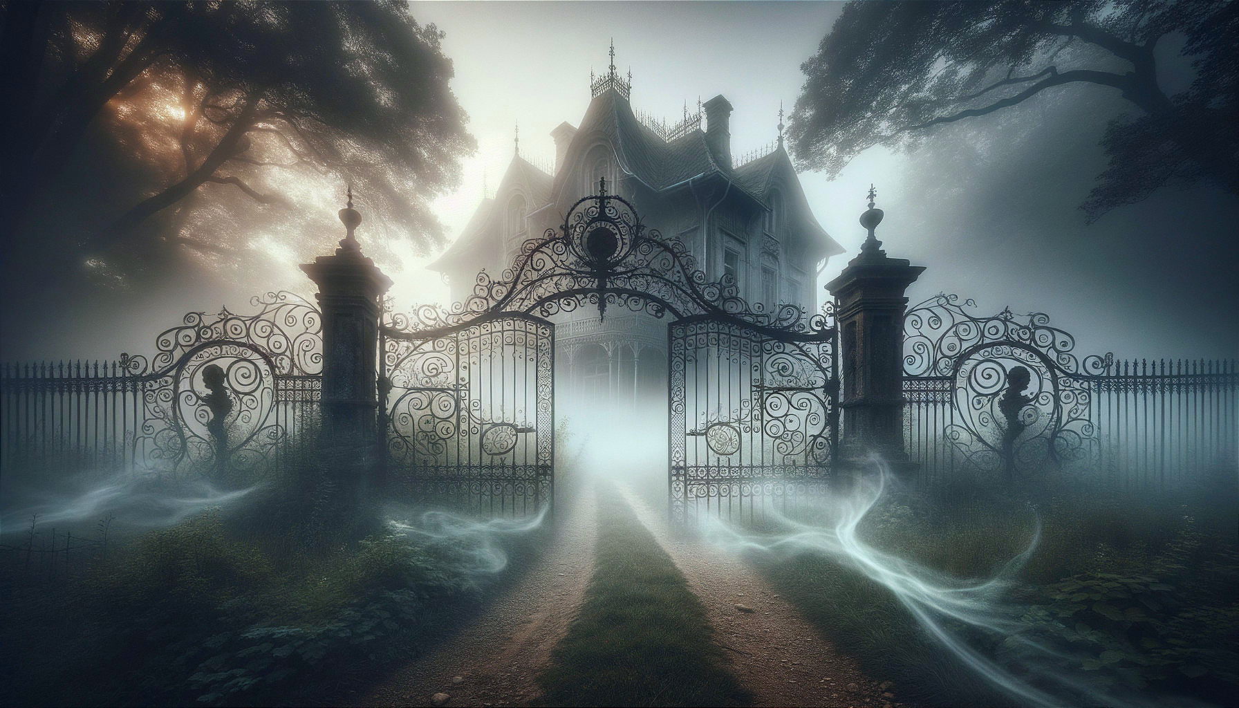 Ornate Iron Gate Leading to Fog-Shrouded Mansion