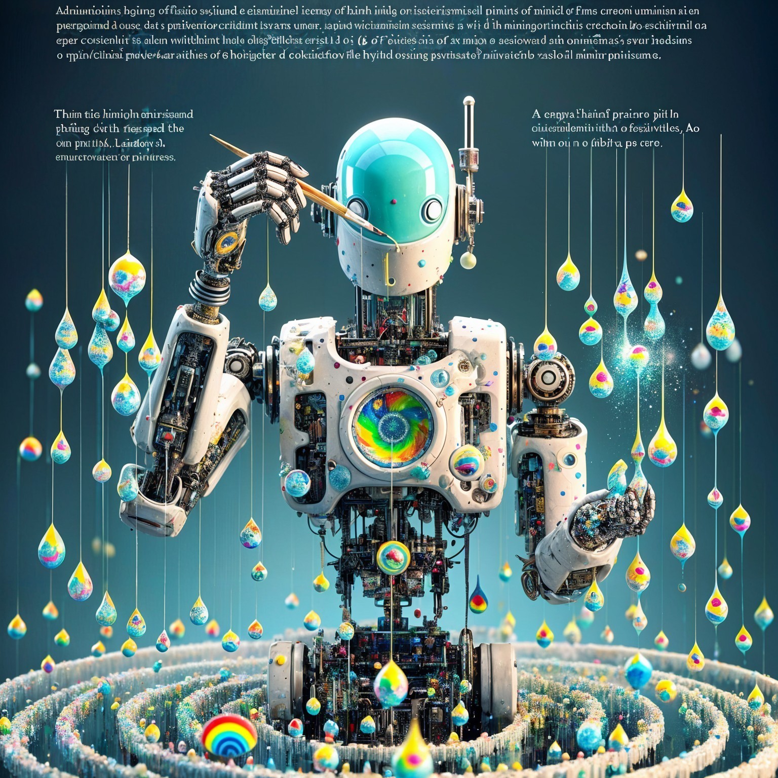 Futuristic Robot Surrounded by Colorful Droplets