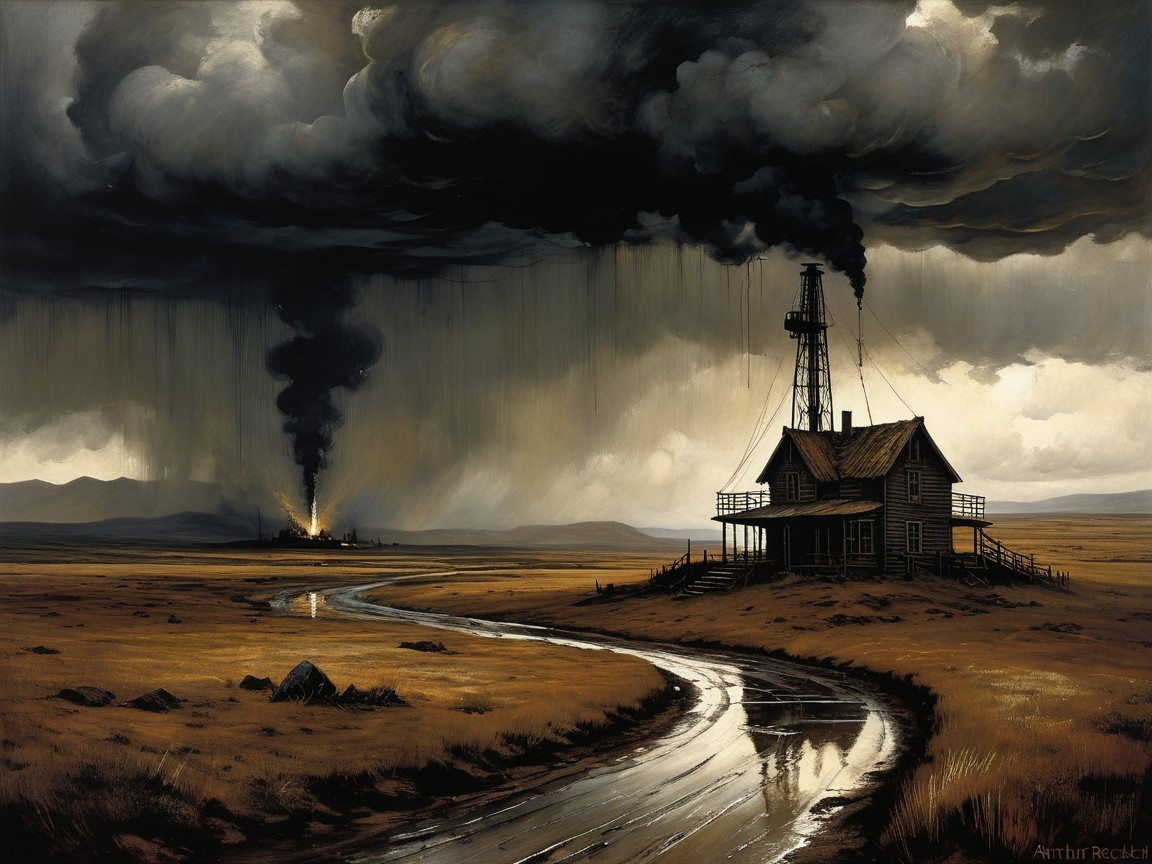 Weathered House in Desolate Landscape with Dark Clouds