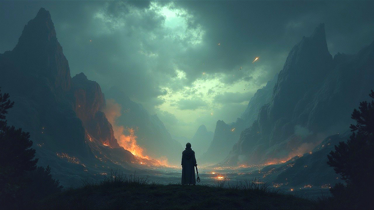 Silhouetted Figure in Dramatic Mountain Landscape