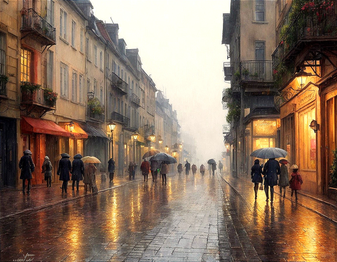 Rainy Street Scene in a Quaint Town with Cobblestones