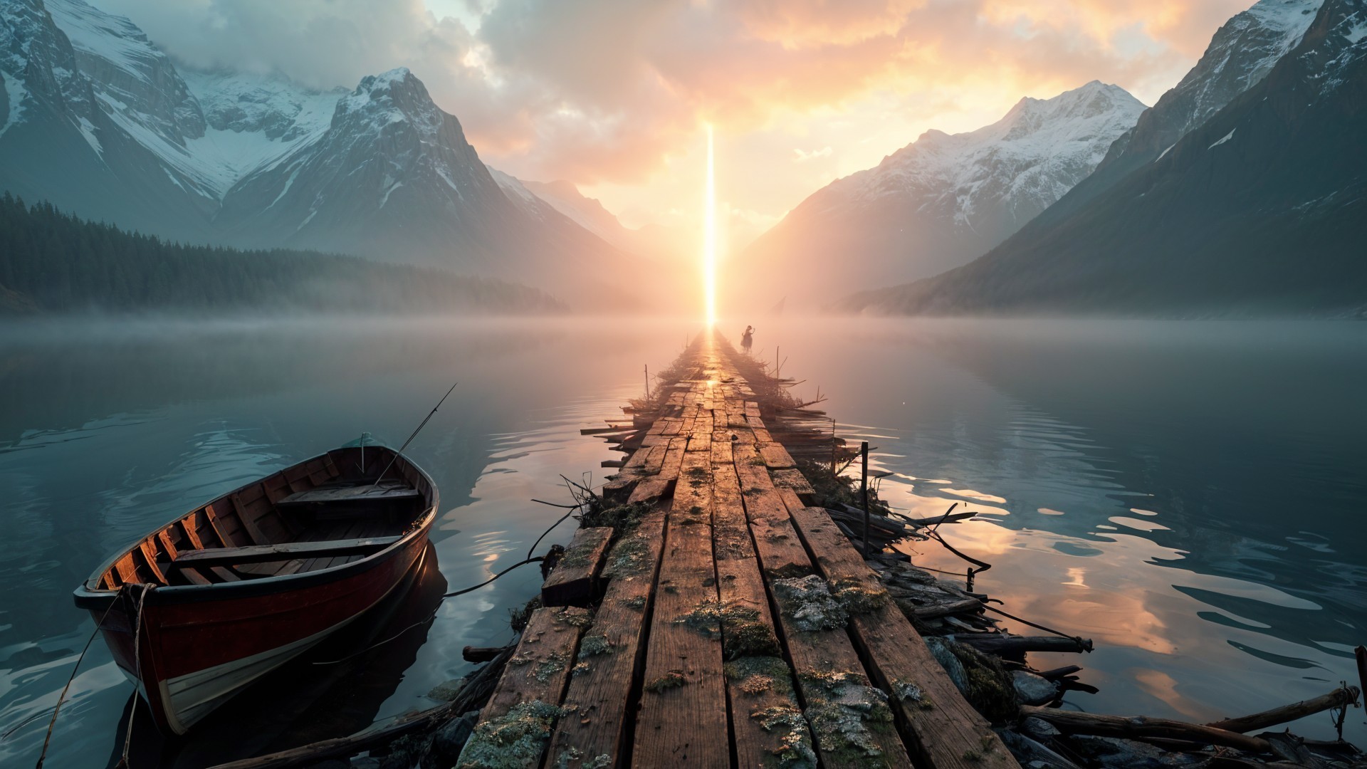 Serene Landscape with Pier and Majestic Mountains