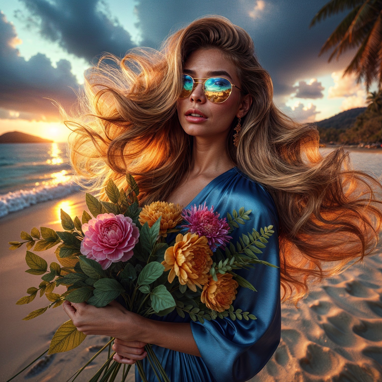 Woman in flowing gown with flowers at sunset beach
