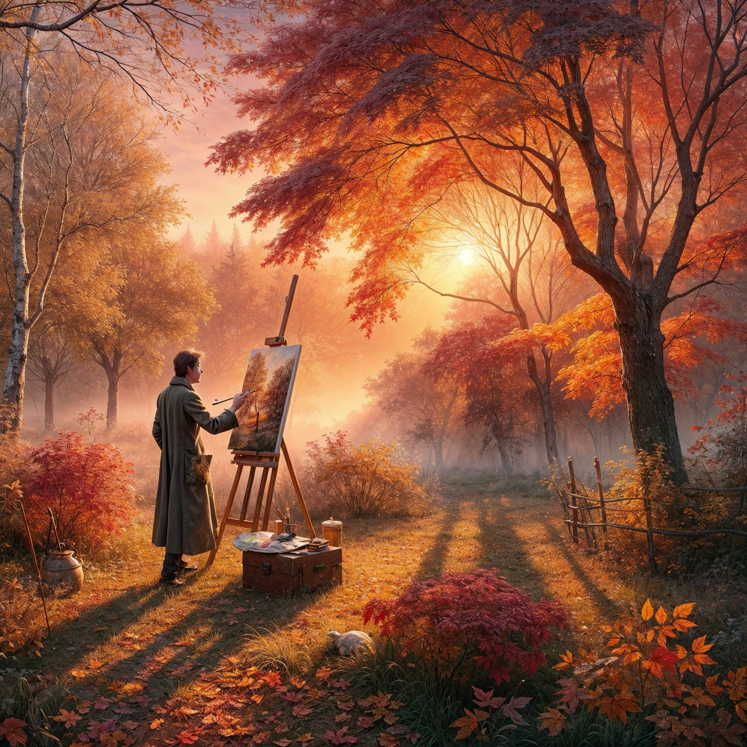 Autumn Forest Scene with Painter at Easel