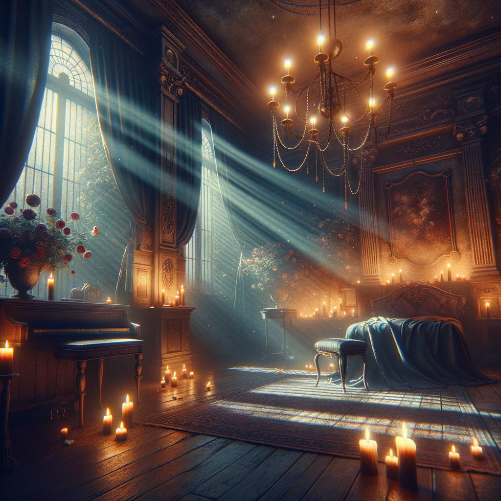 Elegant Room with Chandelier and Vintage Piano
