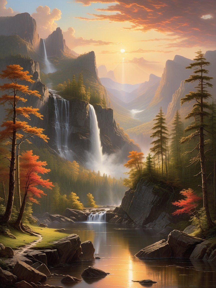 Cascading Waterfalls and Serene River Landscape