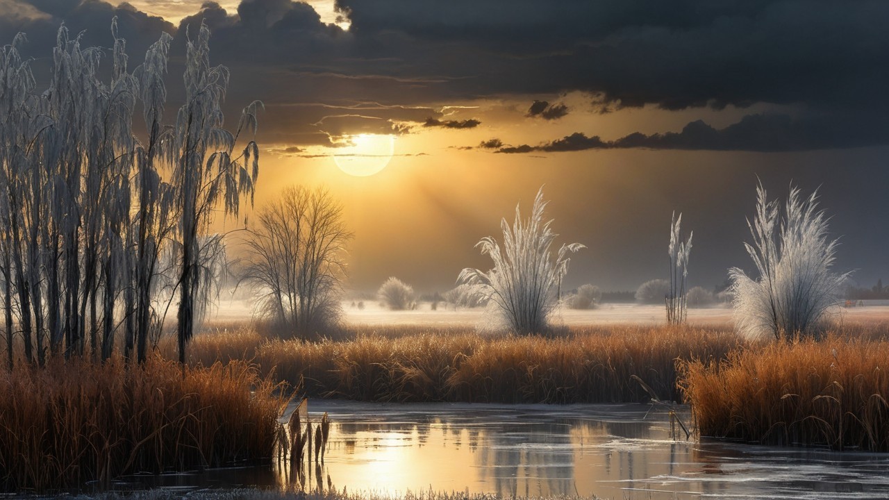 Serene Dawn Landscape with Reflective Waterway