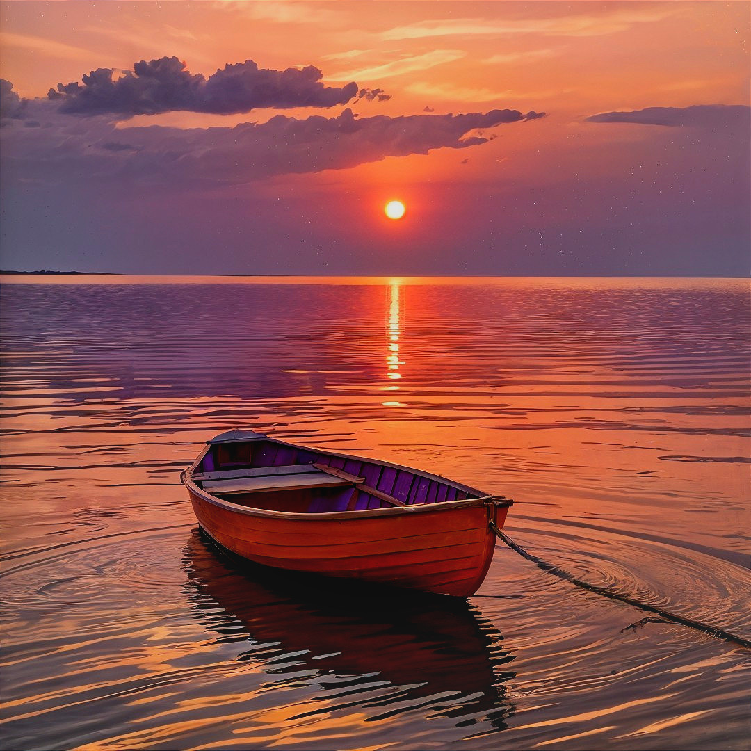 Serene Sunset Over Calm Waters with Wooden Boat