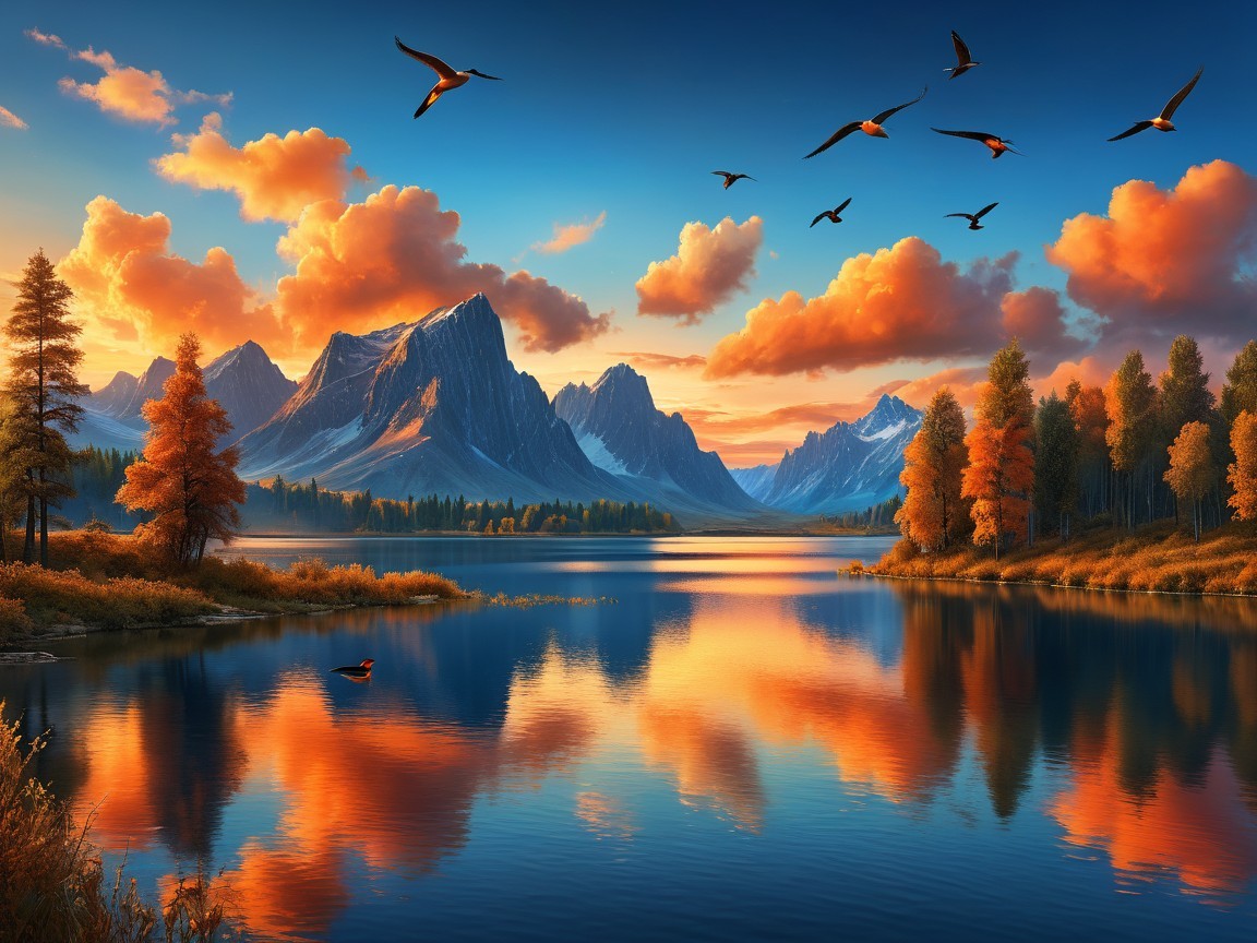 Tranquil Lake and Autumn Landscape with Mountains