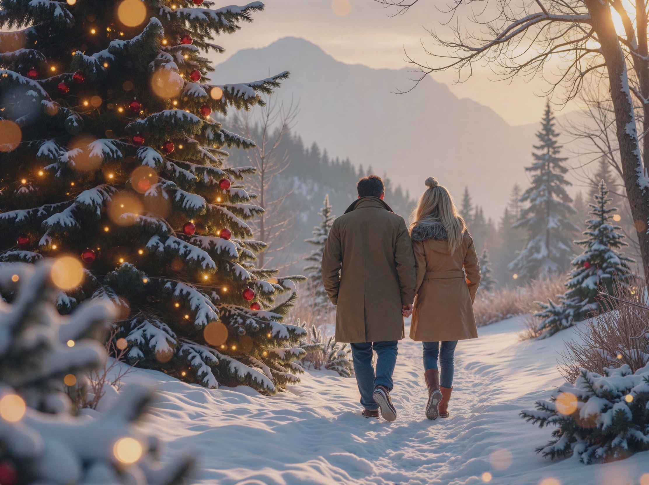 Couple Walking on Snowy Path with Christmas Tree