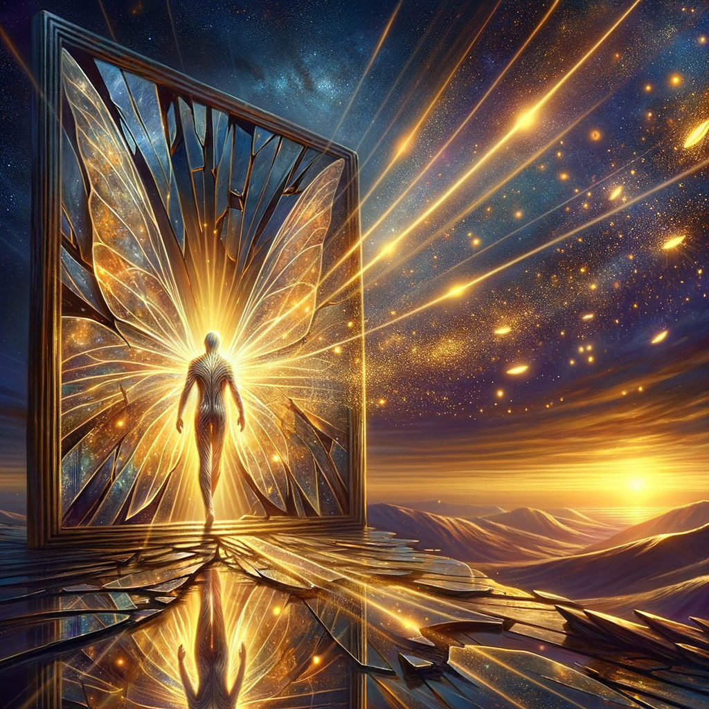Surreal Figure in Shattered Frame with Cosmic Background