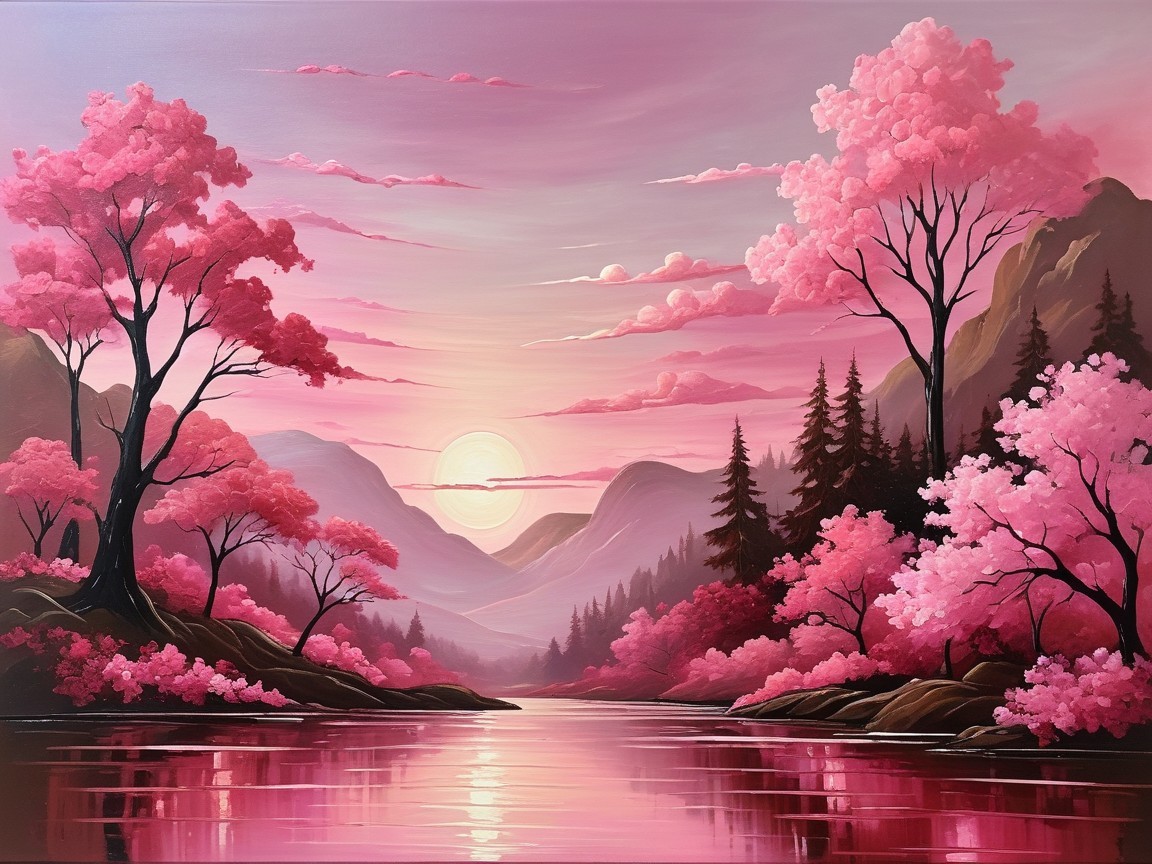 Tranquil River and Cherry Blossoms at Sunset