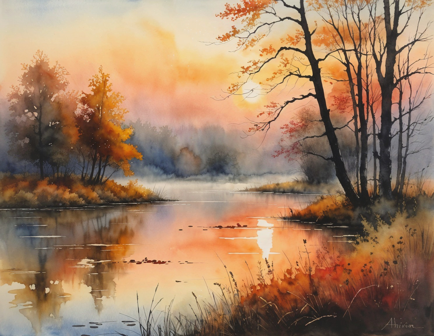 Autumn Landscape with River and Sunset Reflections