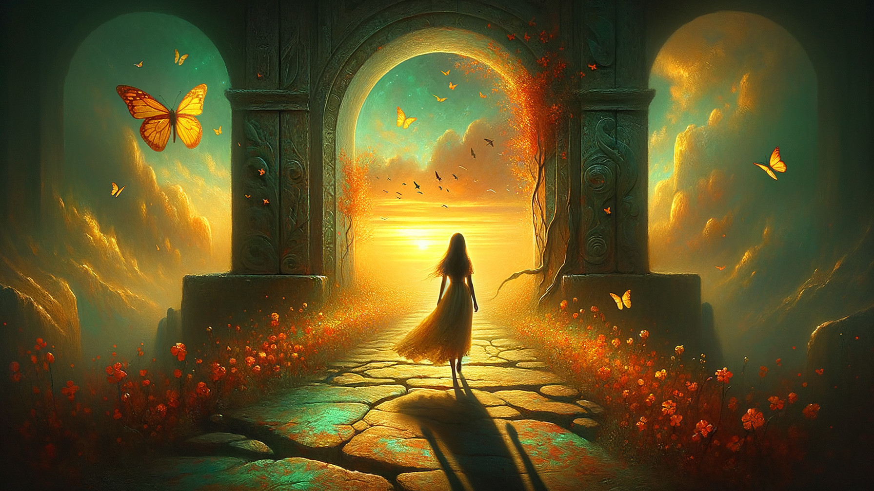 Serene Figure at Ornate Archway with Sunset and Butterflies