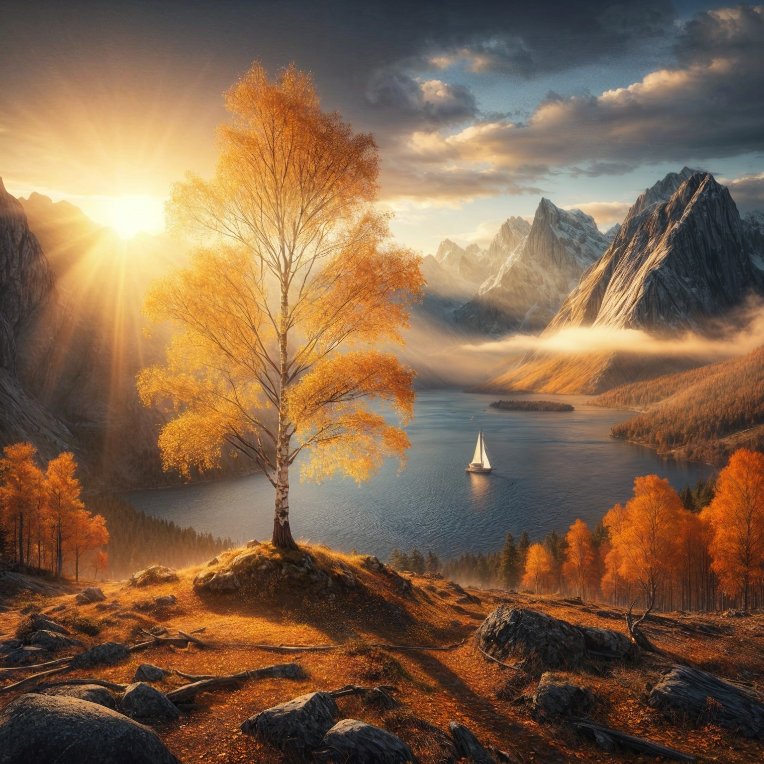 Autumn Landscape with Tree, Lake, and Mountains