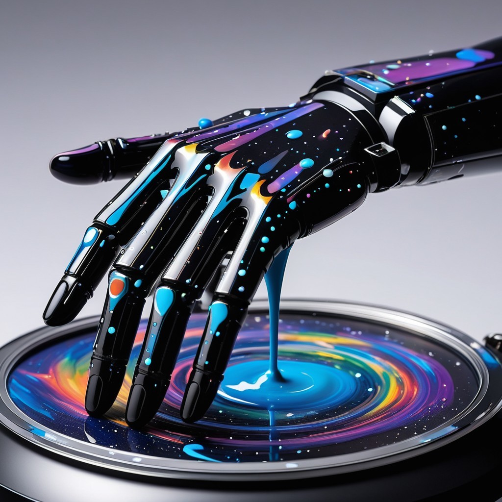 Futuristic Robotic Hand Above Colorful Galaxy Surface