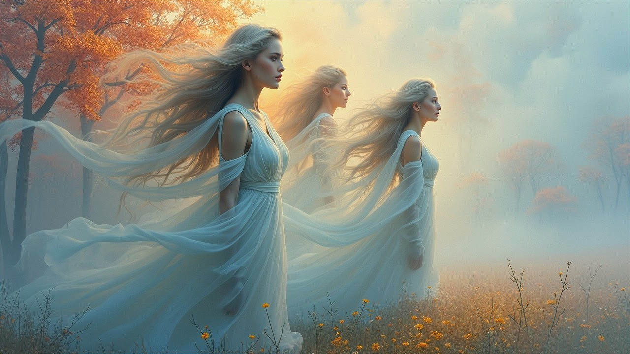 Ethereal Figures in a Misty Autumn Landscape