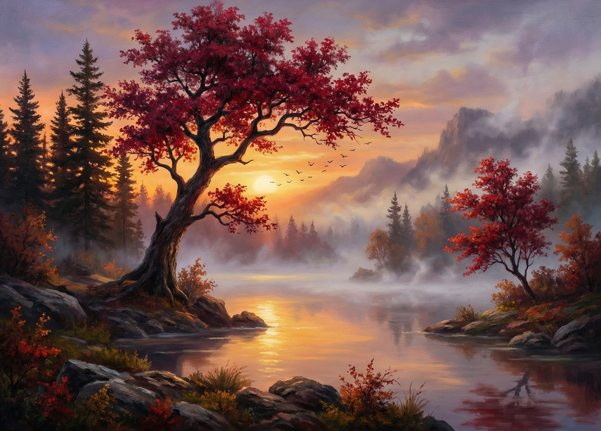 Vibrant Autumn Landscape with Red-Leafed Tree and Water