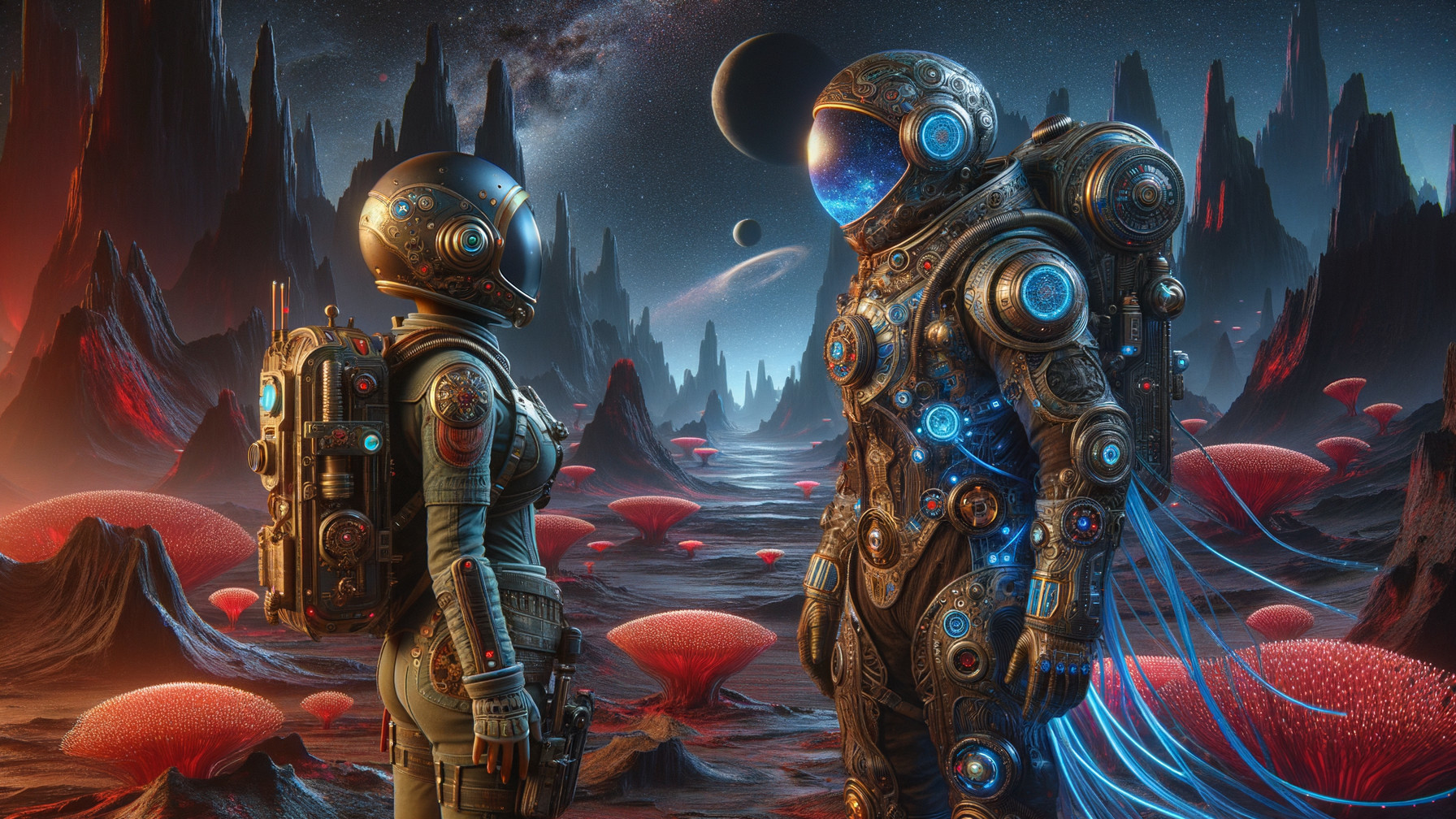 Astronauts in a Vibrant Alien Landscape with Galaxies