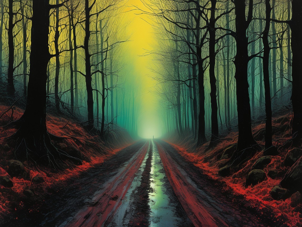 Misty Forest Road with Leafless Trees and Eerie Light