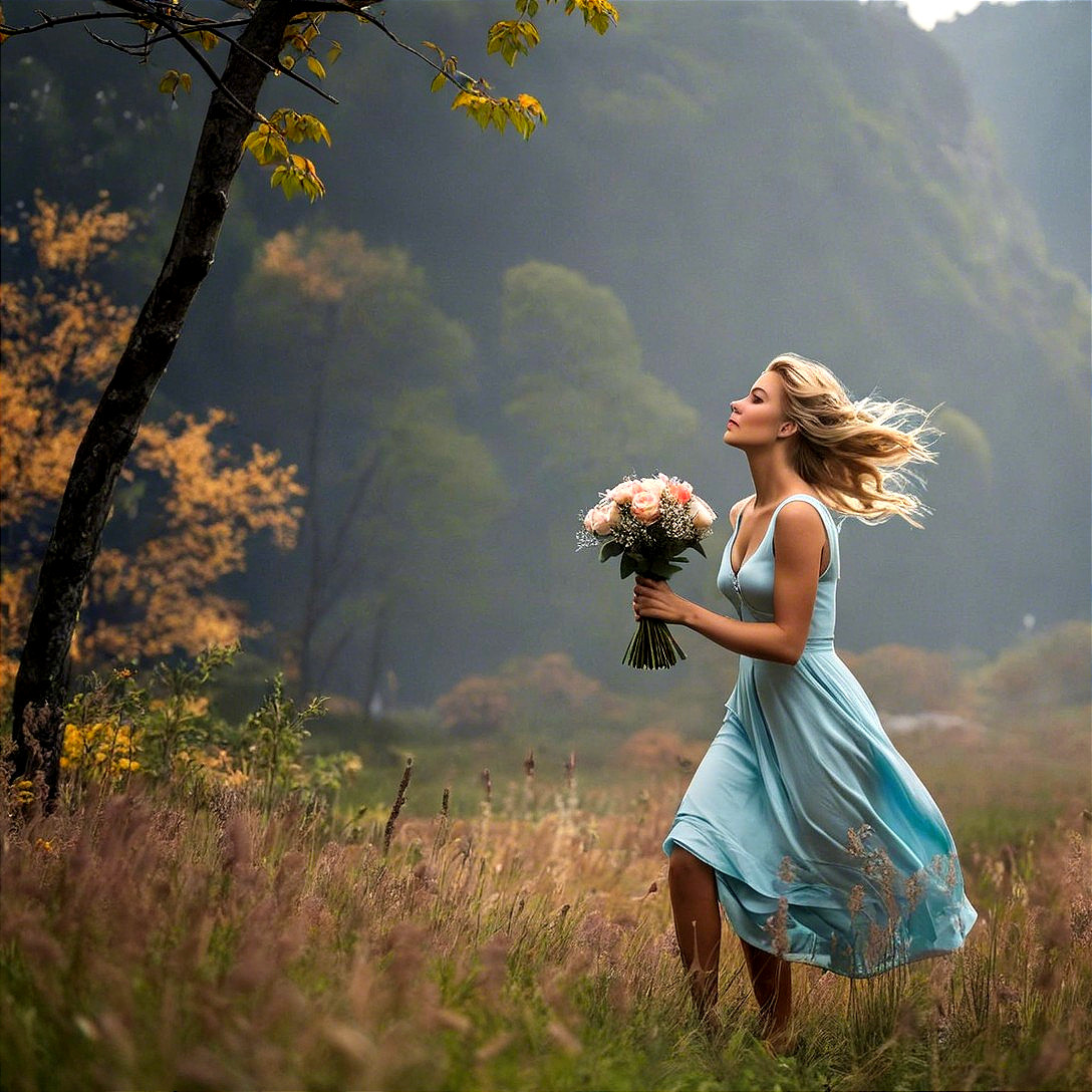Dreamy Scene of a Young Woman in a Field of Grass