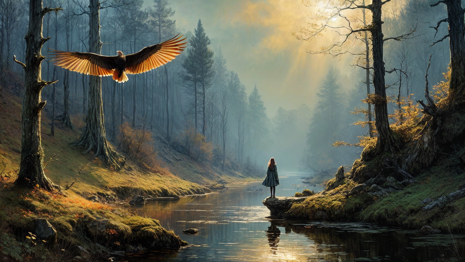 Serene Forest Scene with Girl and Soaring Eagle