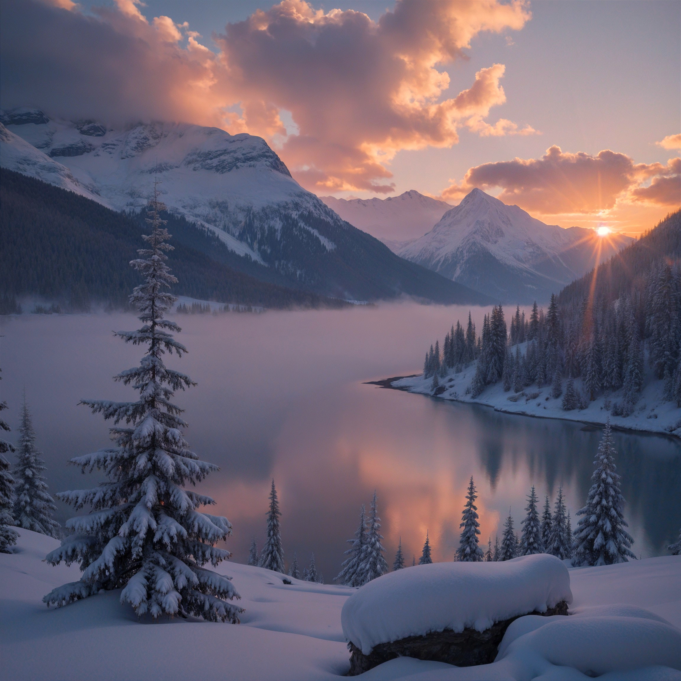 Serene Winter Landscape with Reflective Lake and Mountains