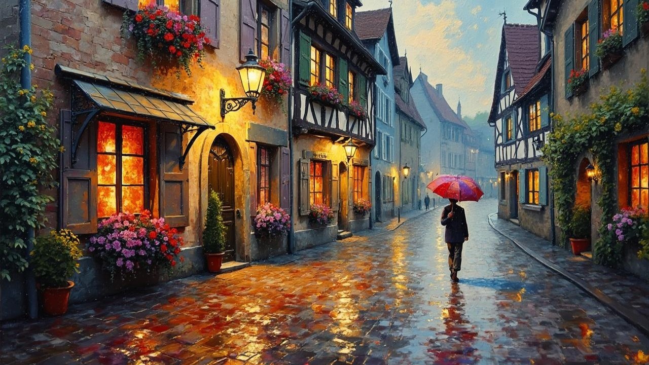 Charming Medieval Street with Flower Boxes and Umbrella
