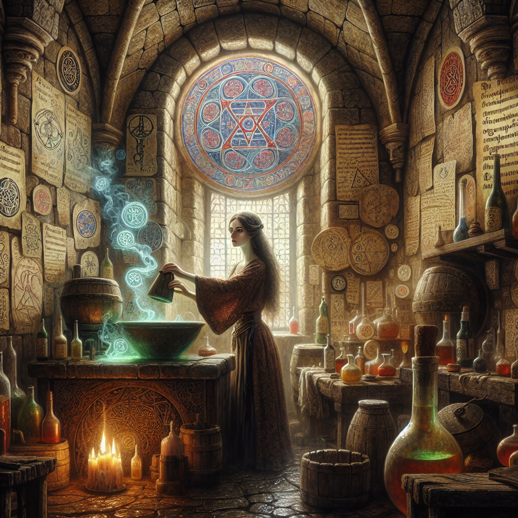 Alchemist's Lab with Glowing Cauldron and Potions