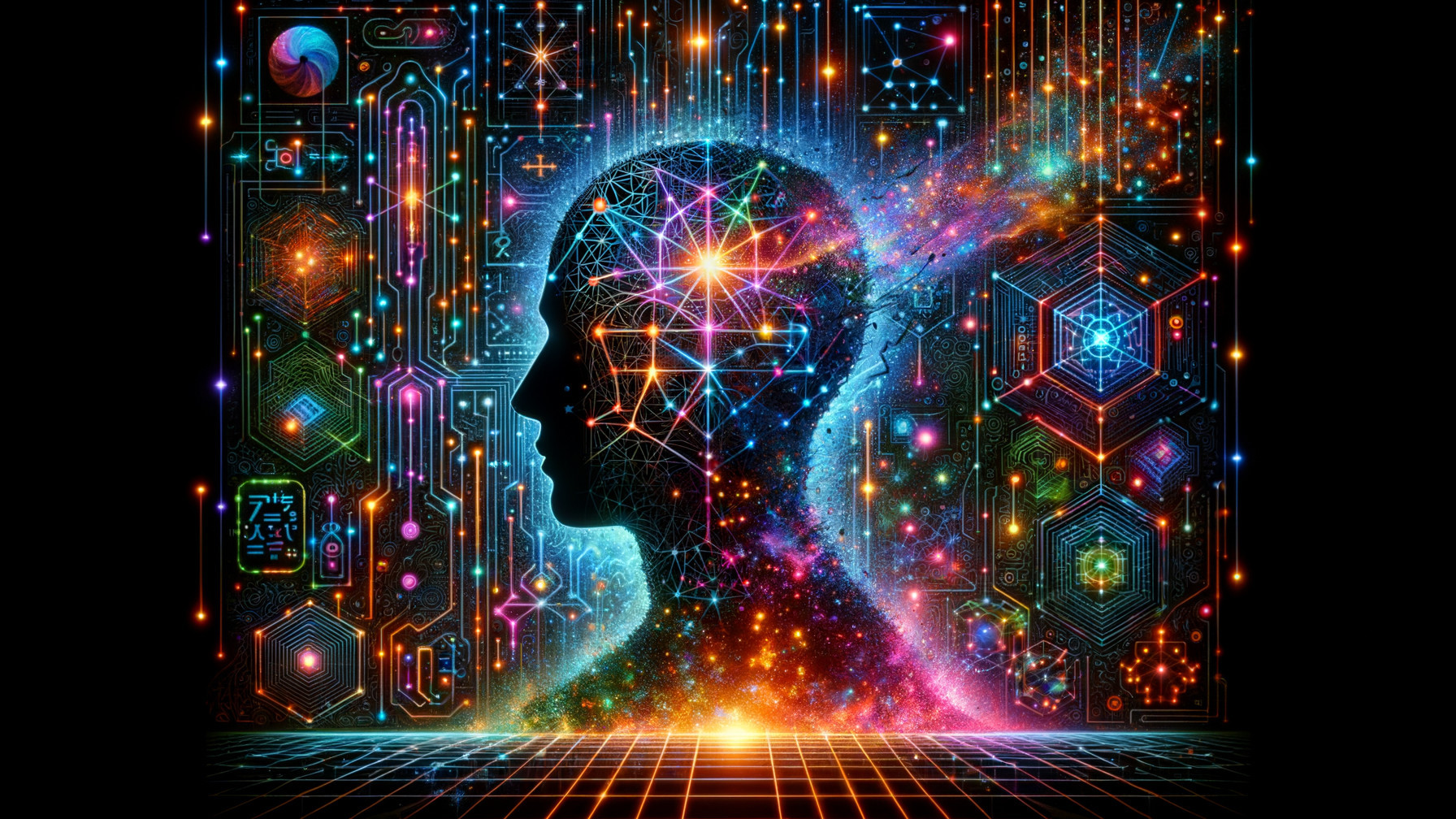 Silhouetted Head with Cosmic Colors and Geometric Patterns