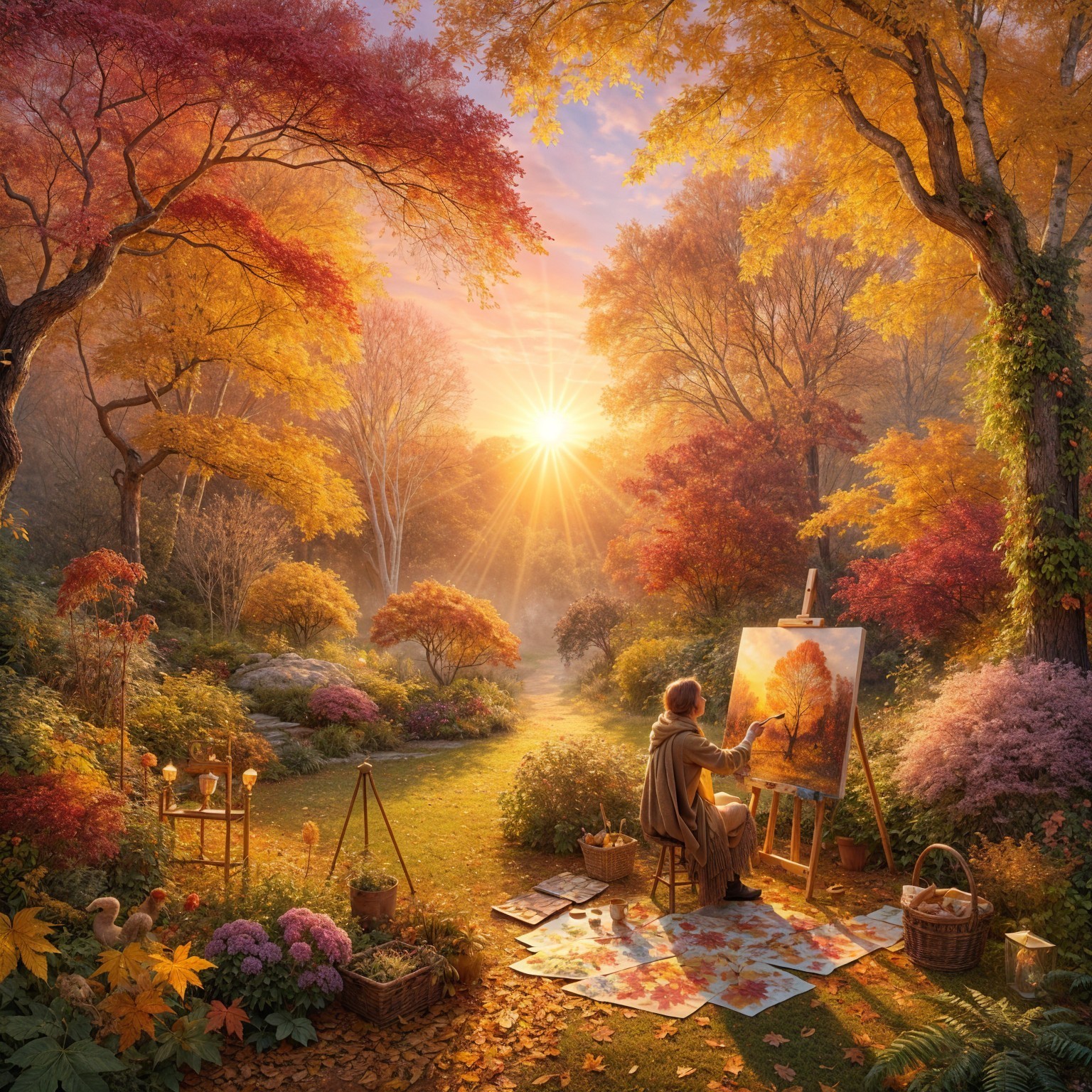 Painter Capturing Autumn Colors in Serene Garden